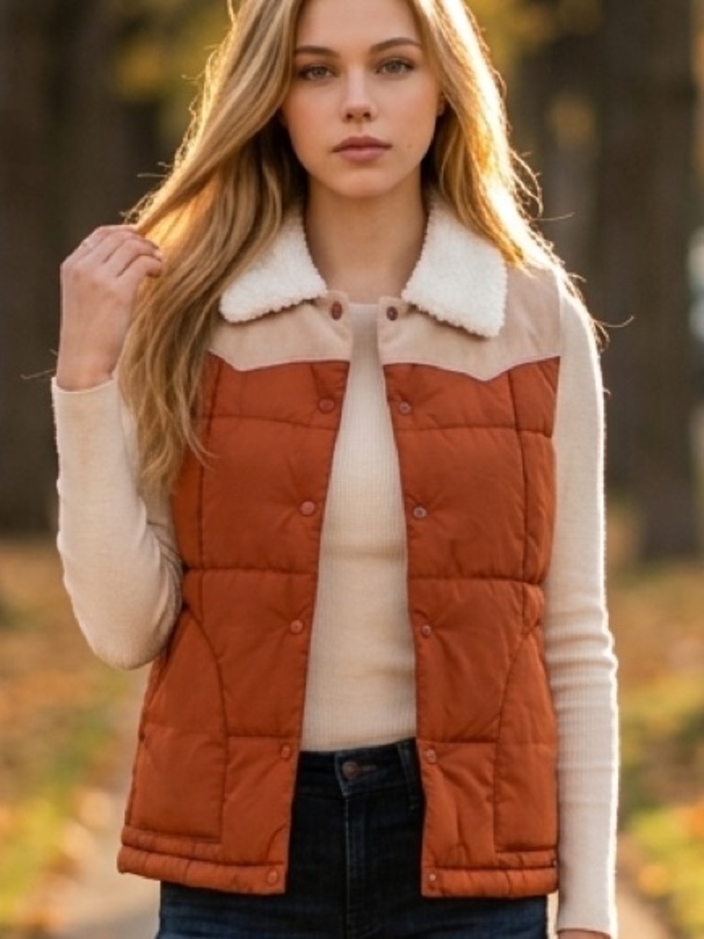 Idyllwind Rust Orange & Cream Puffer Vest with Sherpa Collar